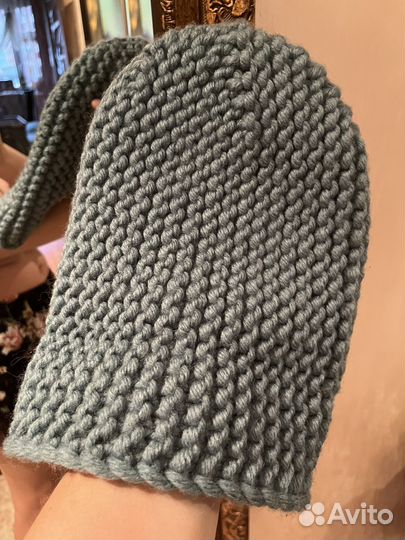 Шапка женская крупная вязка стильная изумрудная