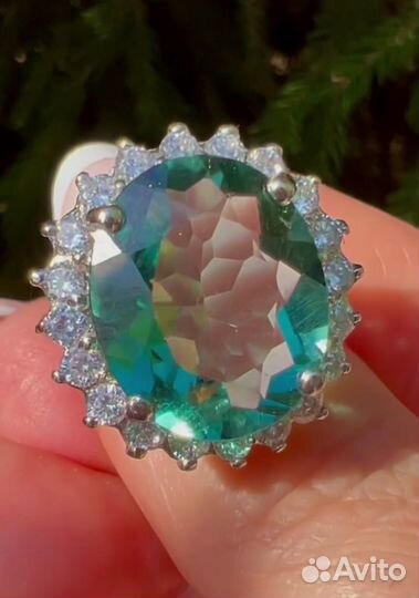 Кольцо 17,5 аквамарин серебро К107