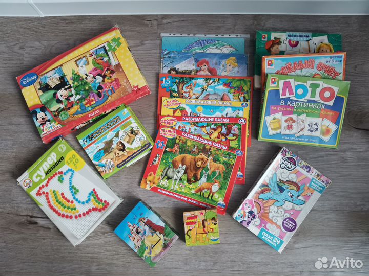 Пазлы на рамке, мозайка, настольные игры, кубики