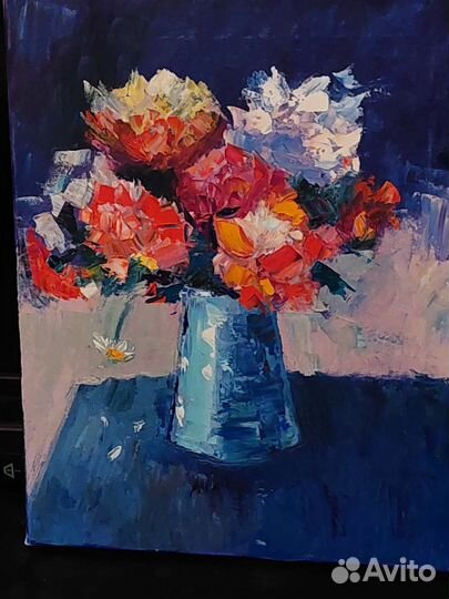 Картина маслом на холсте,пионы в вазе