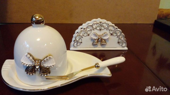 Салфетница, лимонница с бантиком и стразами фарфор