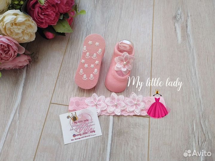 Комплект для малышки пинетки и повязка новый