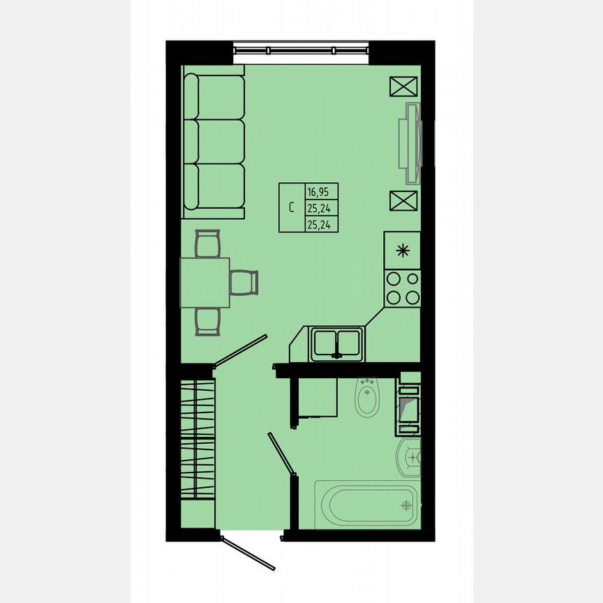 Квартира-студия, 25,6 м², 5/8 эт.
