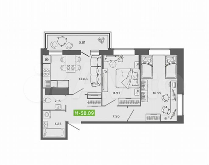 3-к. квартира, 58,1 м², 9/16 эт.