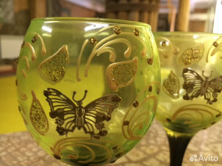 Фужеры цветное стекло с росписью золотом