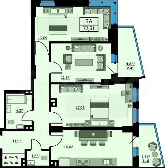 3-к. квартира, 76,8 м², 3/26 эт.