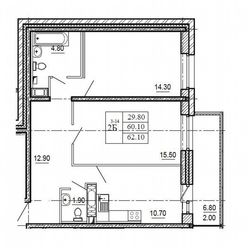 2-к. квартира, 62,1 м², 13/19 эт.