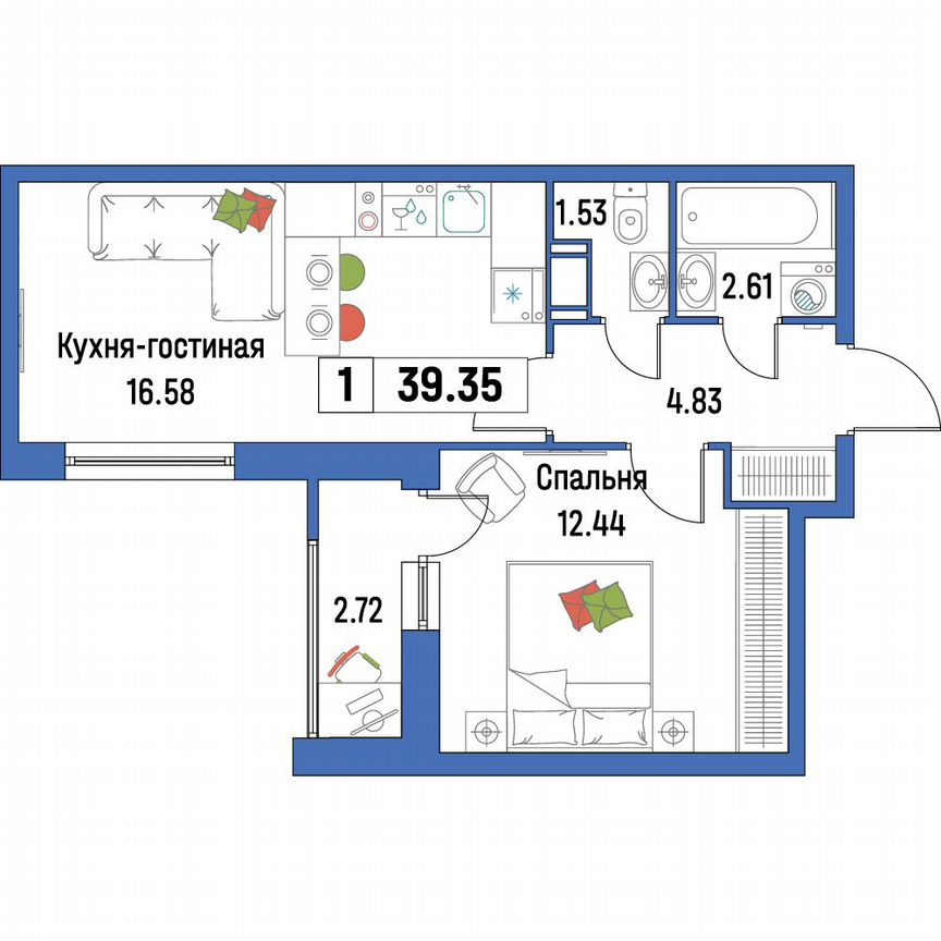 1-к. квартира, 39,4 м², 16/16 эт.