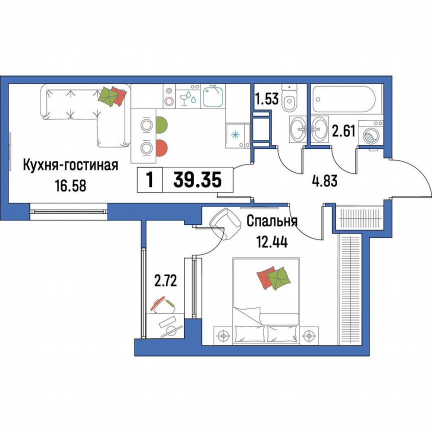 1-к. квартира, 39,4 м², 3/16 эт.
