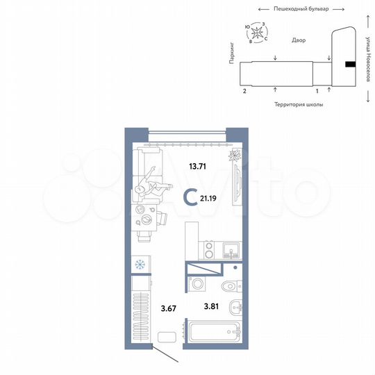 Квартира-студия, 21,2 м², 8/16 эт.
