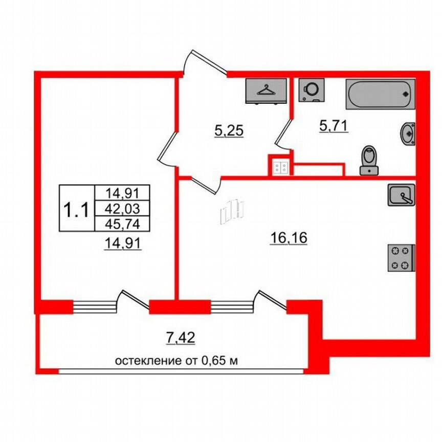 1-к. квартира, 42 м², 2/4 эт.