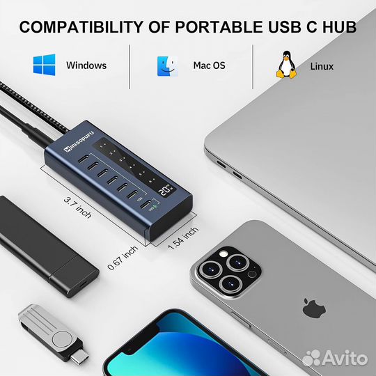 Сплиттер, хаб USB Type-C 3.2 7 портовый 10gbs