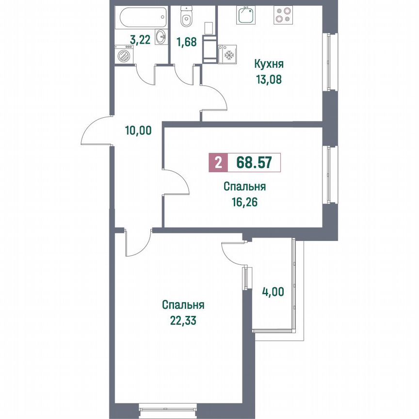 2-к. квартира, 68,6 м², 6/16 эт.