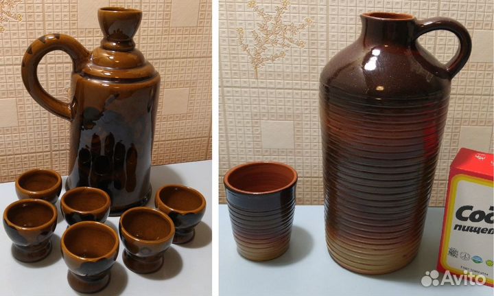 Кувшины: с 6 стопками и со стаканом - глиняные