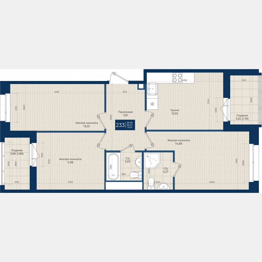 3-к. квартира, 70,2 м², 9/12 эт.