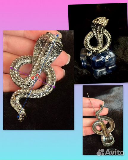 Брошь змея кобра темно-серебристая -4см, 11см