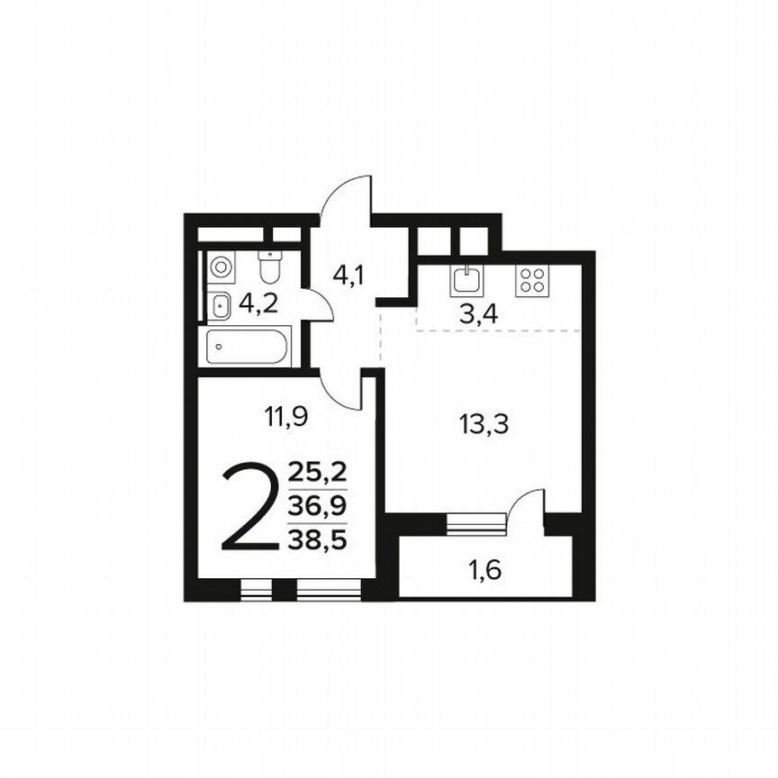 2-к. квартира, 38,5 м², 9/14 эт.