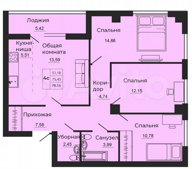 4-к. квартира, 78,2 м², 11/24 эт.