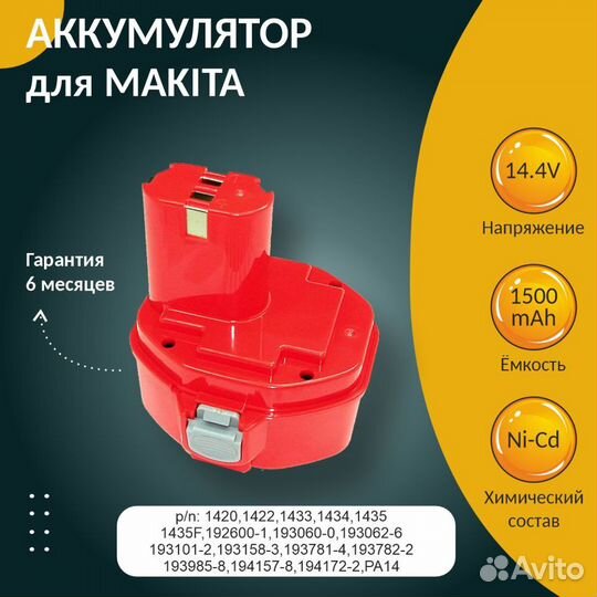 Аккумулятор для makita 1434, 1433, 1.5Ah 14.4V