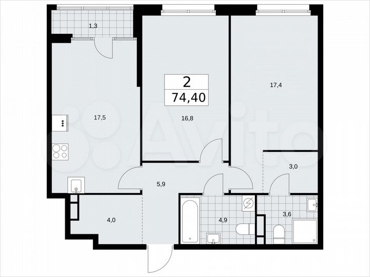 2-к. квартира, 74,4 м², 12/16 эт.