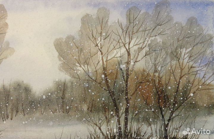 Картина акварелью,зима,зимний пейзаж
