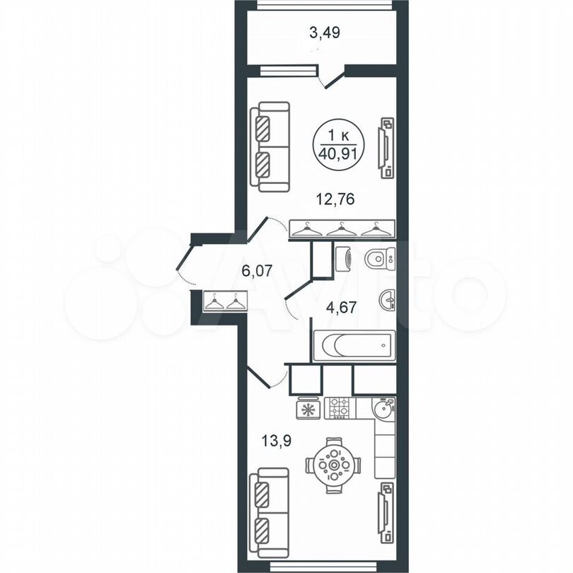 1-к. квартира, 40,9 м², 7/16 эт.