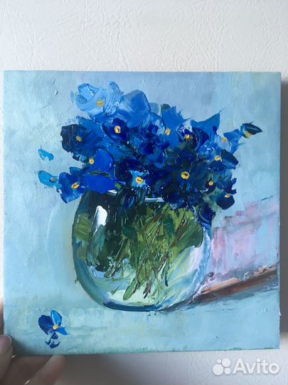 Картина маслом весна/ синие цветы