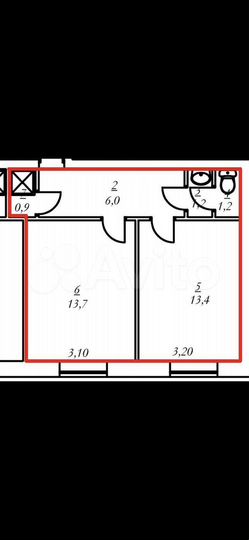 Доля в 2-к. квартире, 33,1 м², 6/6 эт.