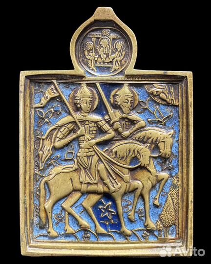 Икона меднолитая Борис и Глеб 19 век эмаь