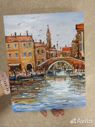 Картина город Венеция лодки маслом холст 25х20см