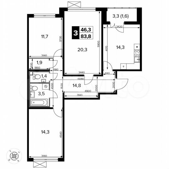 3-к. квартира, 83,8 м², 7/14 эт.