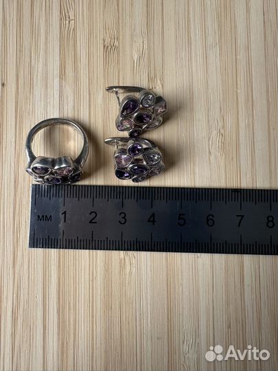 Комплект серебряные серьги и кольцо с камнями
