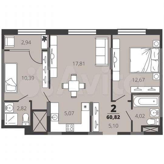 2-к. квартира, 60 м², 9/15 эт.