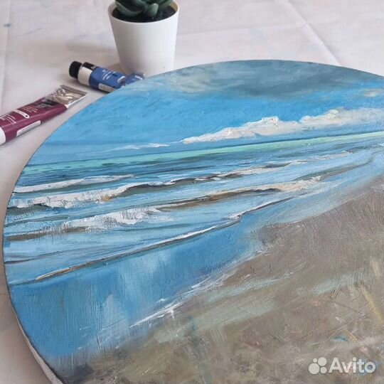 Картина маслом на круглом холсте морской пейзаж