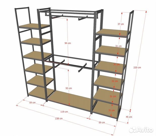 Стеллаж Лофт для одежды кд-22-20.20.05 комбинирова