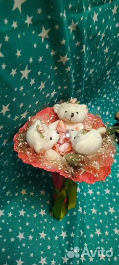 Кукла винтажная, игрушки, букет мишек и тюбетейка