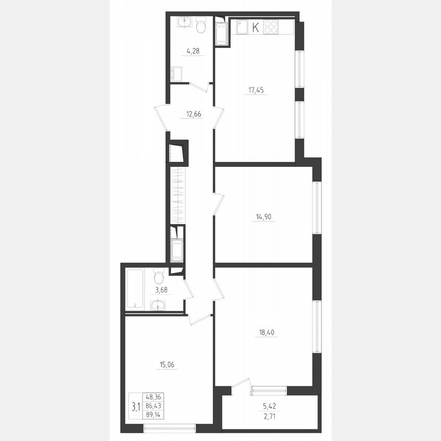 3-к. квартира, 89,1 м², 4/8 эт.