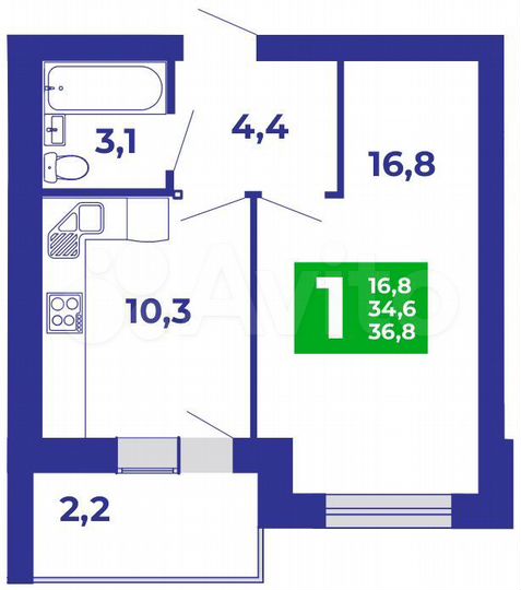 1-к. квартира, 36,8 м², 7/9 эт.