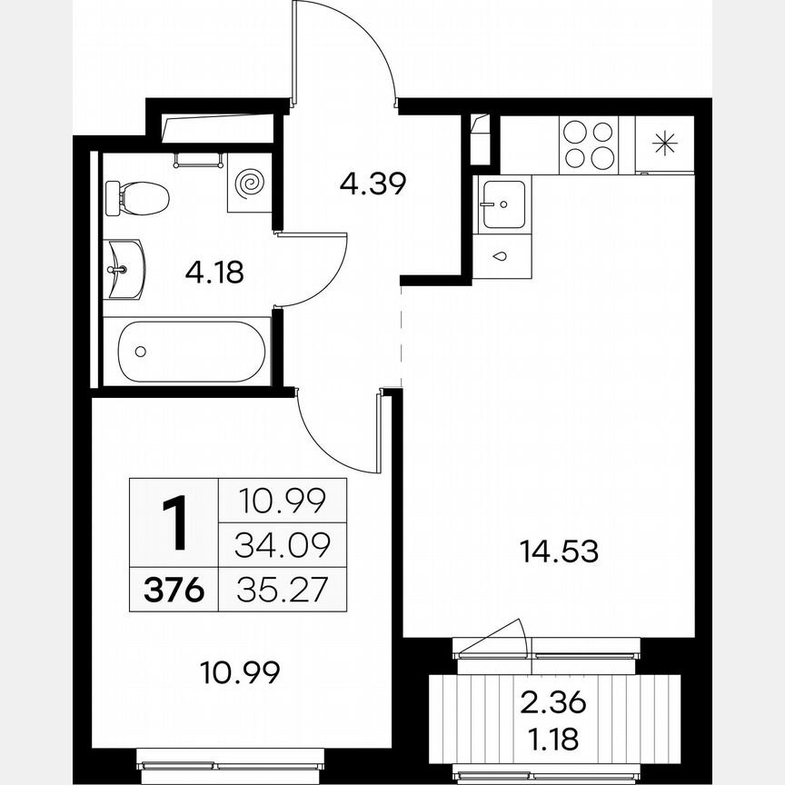 1-к. квартира, 35,3 м², 8/9 эт.