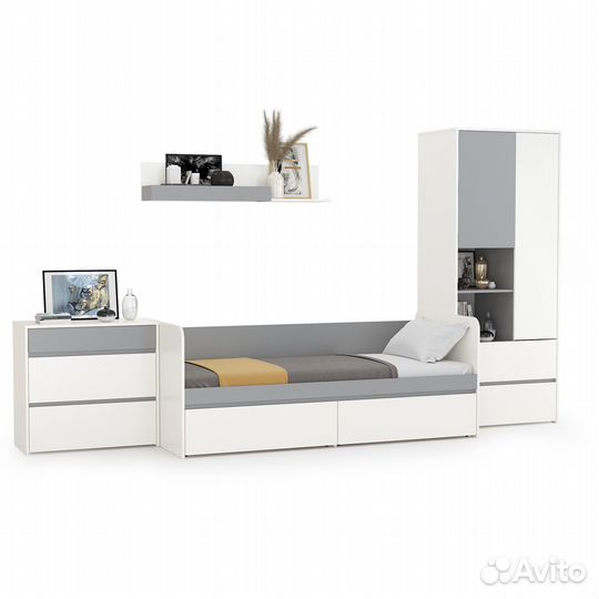 Мебель молодёжная с кроватью с ящиками Торонто № 19, цвет белый шагрень/стальной серый, шхгхв 354х84