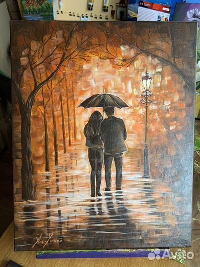 Картина Пара влюбленных под зонтом в осеннем парке