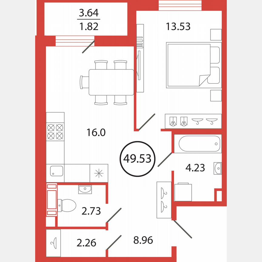 1-к. квартира, 49,5 м², 10/12 эт.