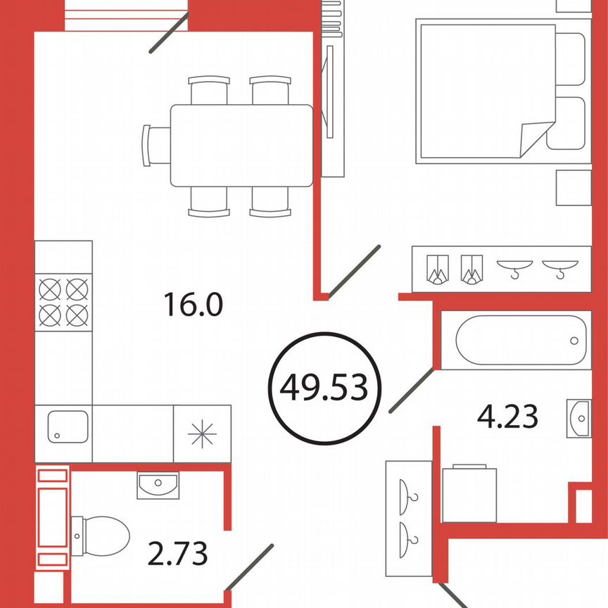 1-к. квартира, 49,5 м², 10/12 эт.