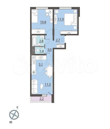 2-к. квартира, 50,4 м², 12/13 эт.