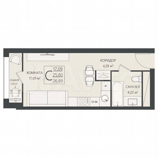 Квартира-студия, 26,9 м², 8/17 эт.
