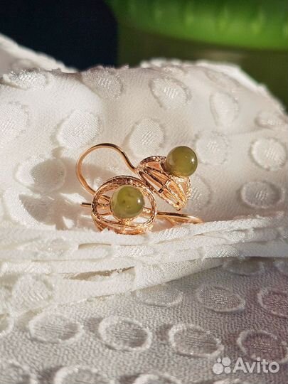 Золотые серьги Орбиты с нефритом 583 СССР