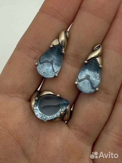 Серьги/кольцо серебро 925 топаз кабошон капля