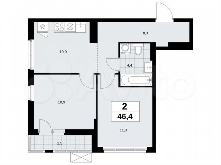 2-к. квартира, 46,4 м², 11/14 эт.