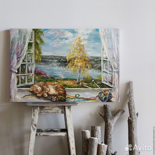 Кот, картина маслом на холсте, пейзаж 40х60см