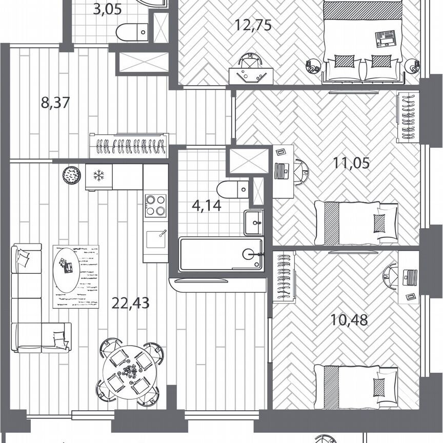 3-к. квартира, 74,8 м², 24/25 эт.